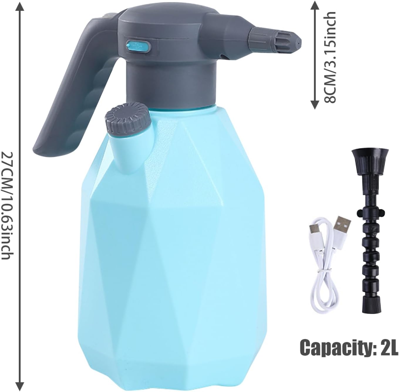 Electric Sprayer, 2L USB Sprayer Bottle 2 Mode, 2000mAh Pressure Sprayer with Extension Nozzle Portable Scaled Sprayer for Watering Gardening Blue