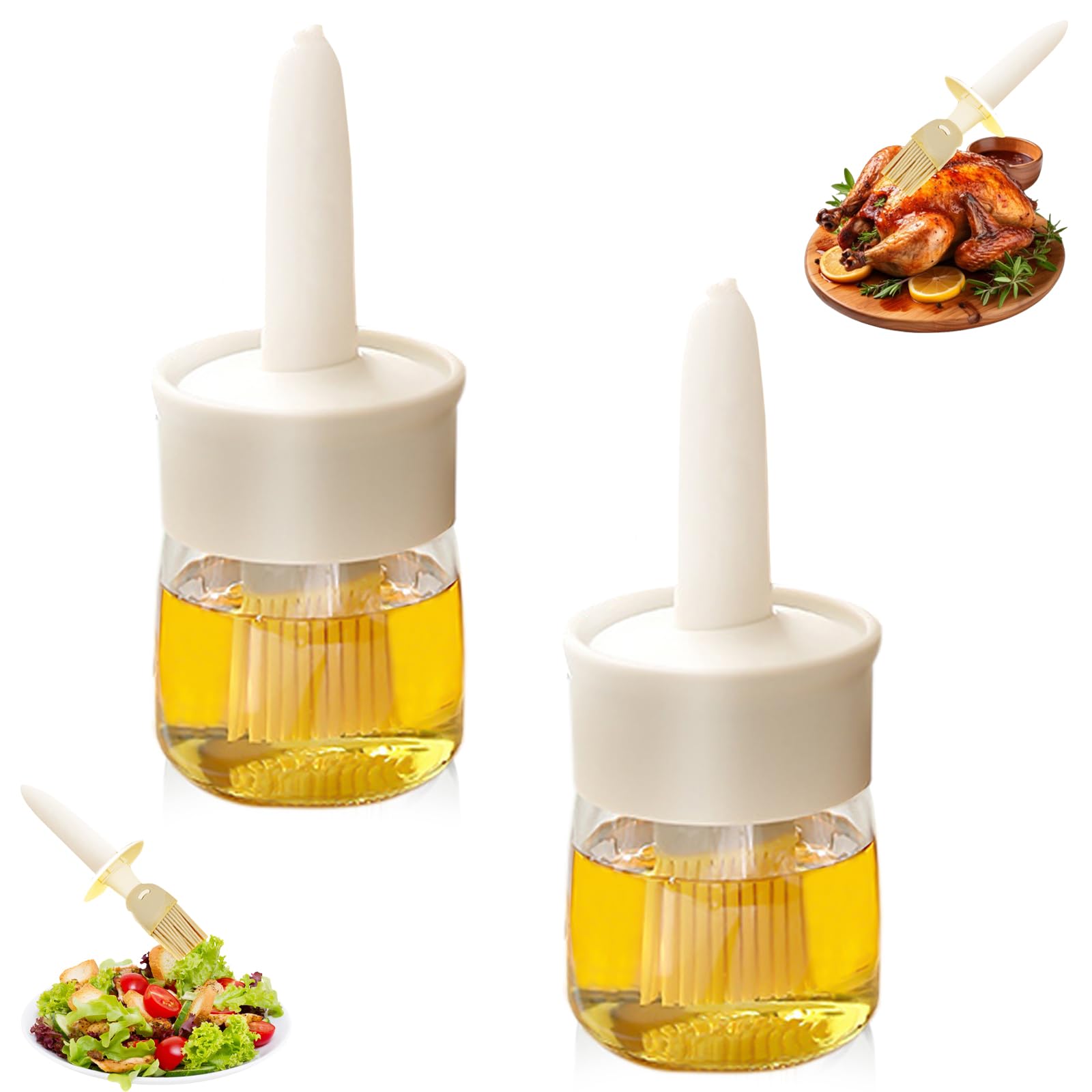 Sauce and Oil Bottle Set with Silicone Brush – 2-Pack, 6.8oz Each for Cooking BBQ Kitchen