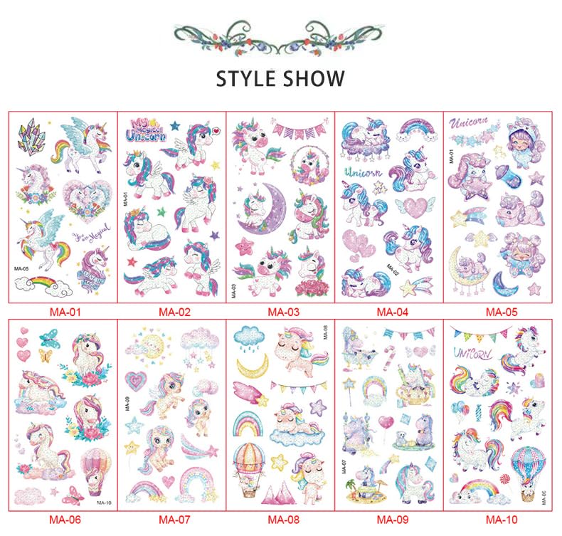 Miniatura 2 de Tatuajes temporales de unicornio brillante para niños, calcomanías de dibujos animados impermeables con nuevo diseño de purpurina arcoíris para