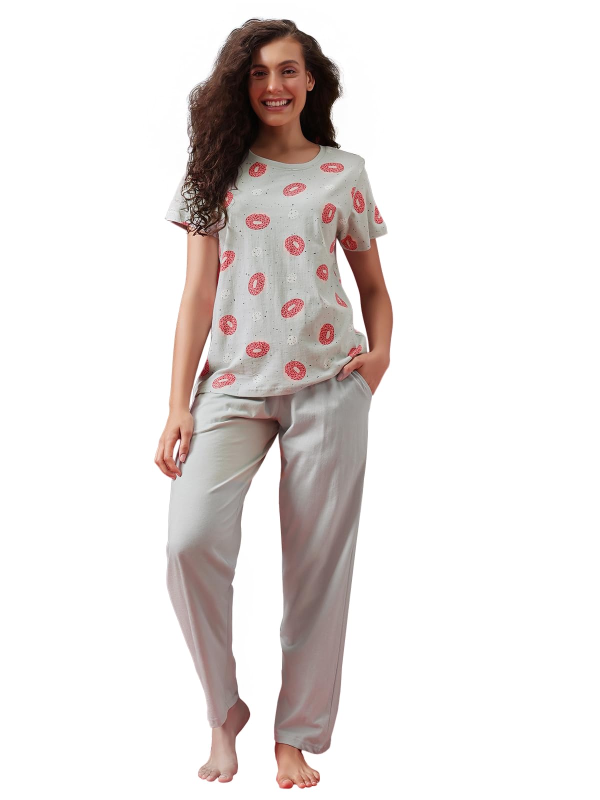 clovia Women's Cotton Cotton Printed Top & Basic Pajama Set-picture-32