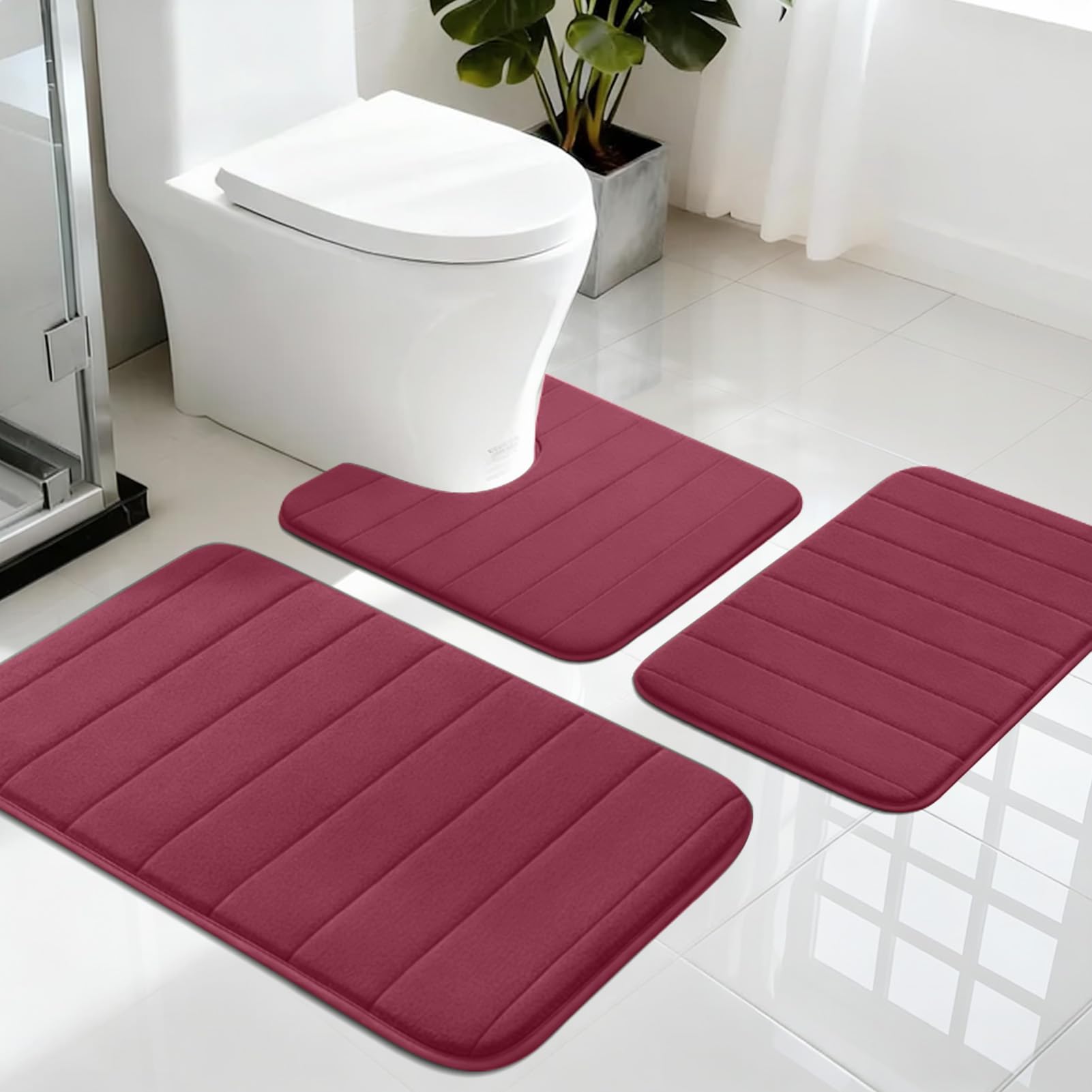 Set di 3 tappetini da bagno in memory foam, con retro antiscivolo in PVC, assorbe l'acqua, lavabile in lavatrice, tappeto da doccia per pavimento del bagno, rosso