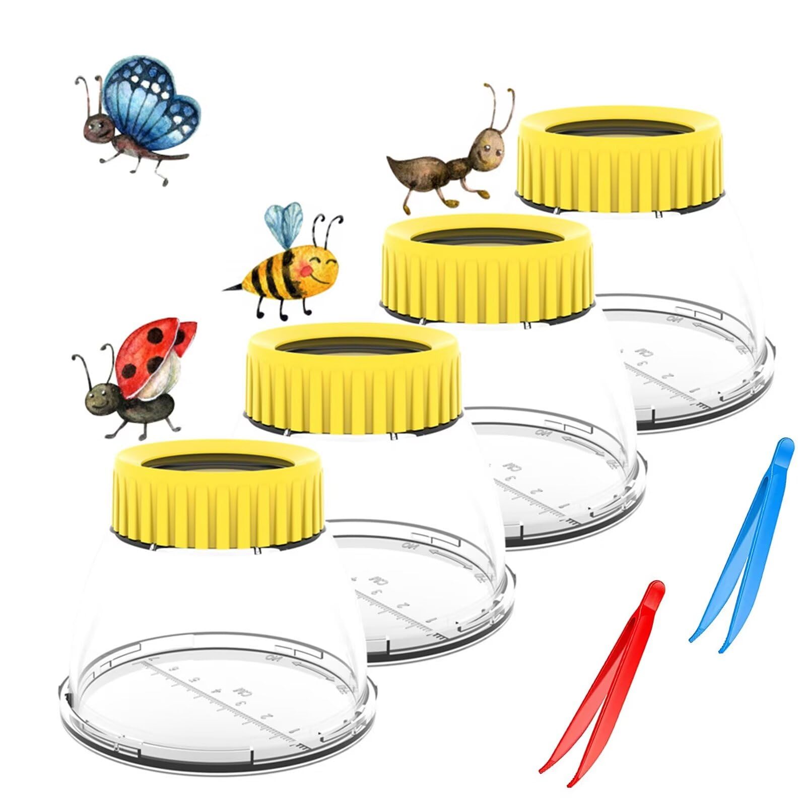 Bug Magnifying Viewer 5X Magnifyer Insect Jar Observation Kit Bug Viewer Built-in 7cm Ruler with 2 Plastic Tweezers Bug Catcher Kit for Kids Science Nature Exploration (4Pack, Yellow)
