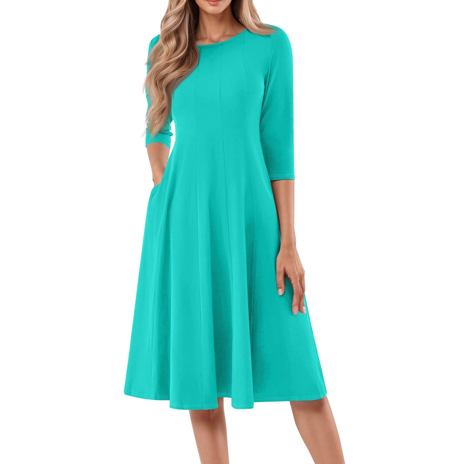 Women's Casual Midi Solid Color Dress A Line 3/4 Sleeve Tunic Dresses Pleated Crew Neck Fashion Loose Fit Wrap Dress