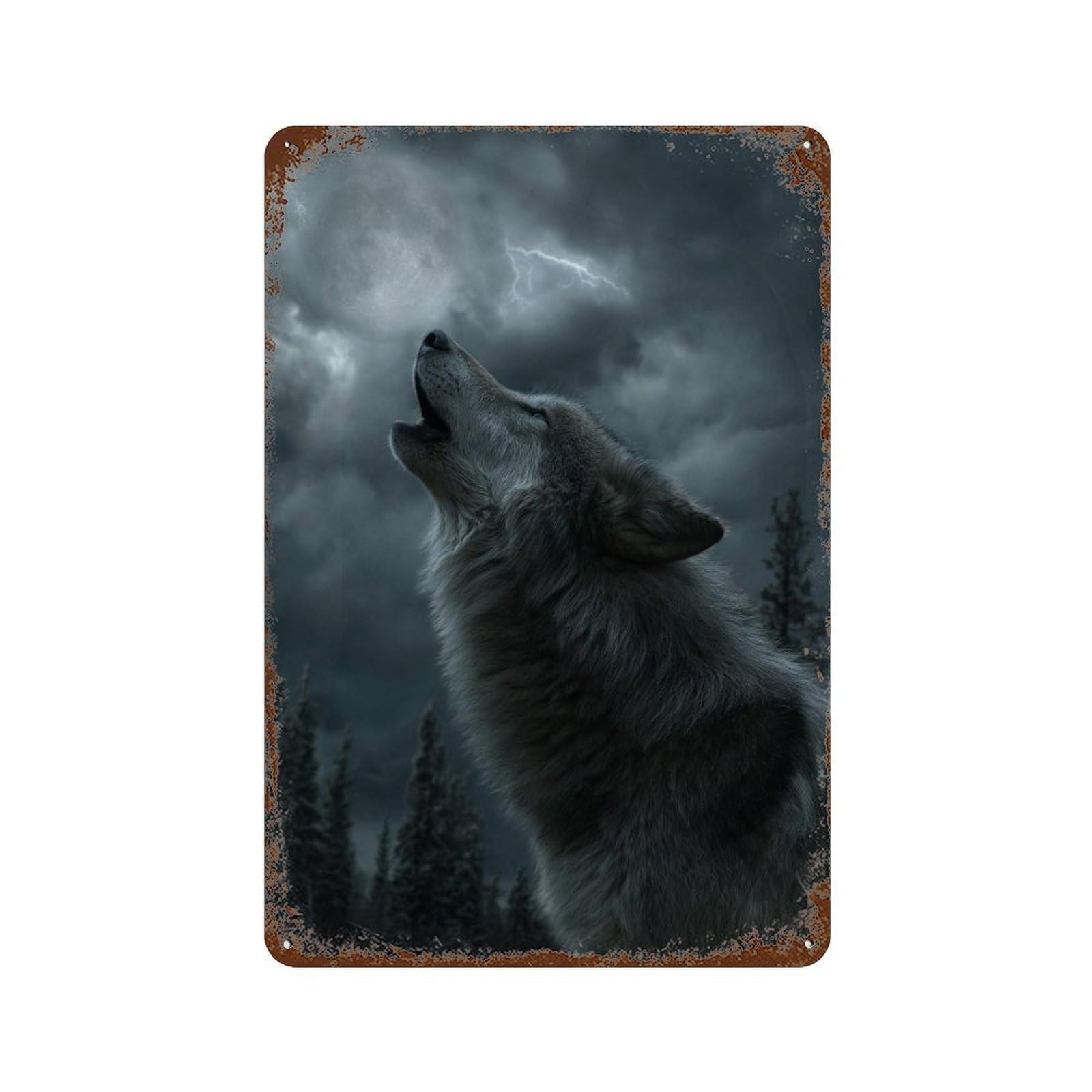 Rust Effect Wolf Howling at Moonlight Rustic Tin Plaque 11.8"x7.9", Shabby Chic Decor for Basement, Hobby Room And Garage Decor