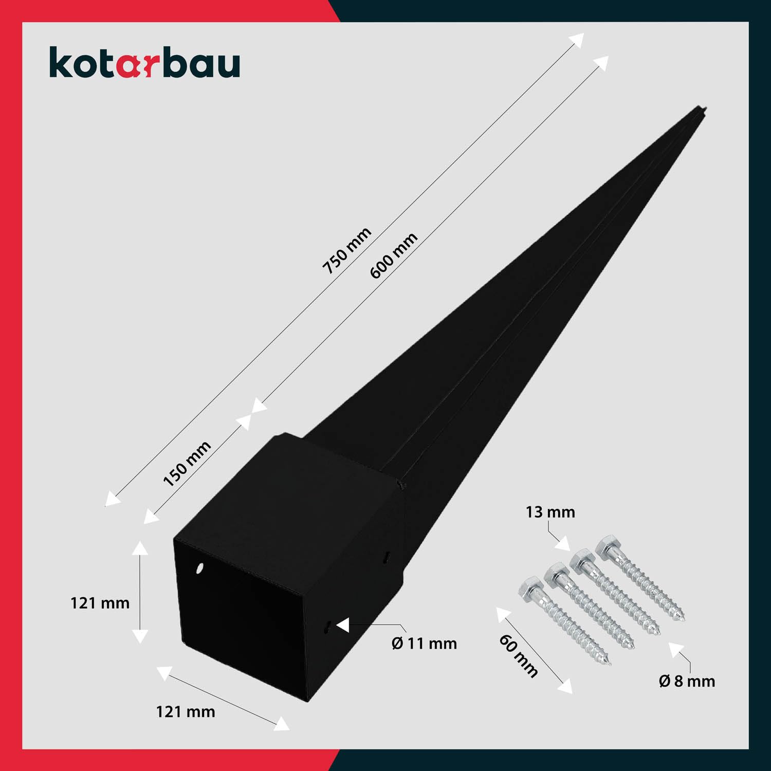 KOTARBAU® 4 STK. Pfostenträger Einschlagen 121x121x750mm verzinkt-pulverbeschichteter Stahl Einschlaghülse Erdanker Einschlagbodenhülse Gartenzaun Erdungsspieß Bodenanker Einschlaghülsen Holzpfosten