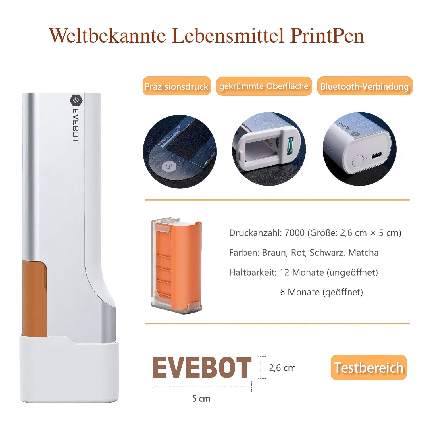 EVEBOT Kleiner PrintPen zum Herstellen von Mustern auf Macarons, Kaffee, Kuchen und Schaumgetränken, mit App-Steuerung für Zuhause, Geschäft, Konditorei, Café - Kaffeebraun, Schwarz, Rot 3PCS