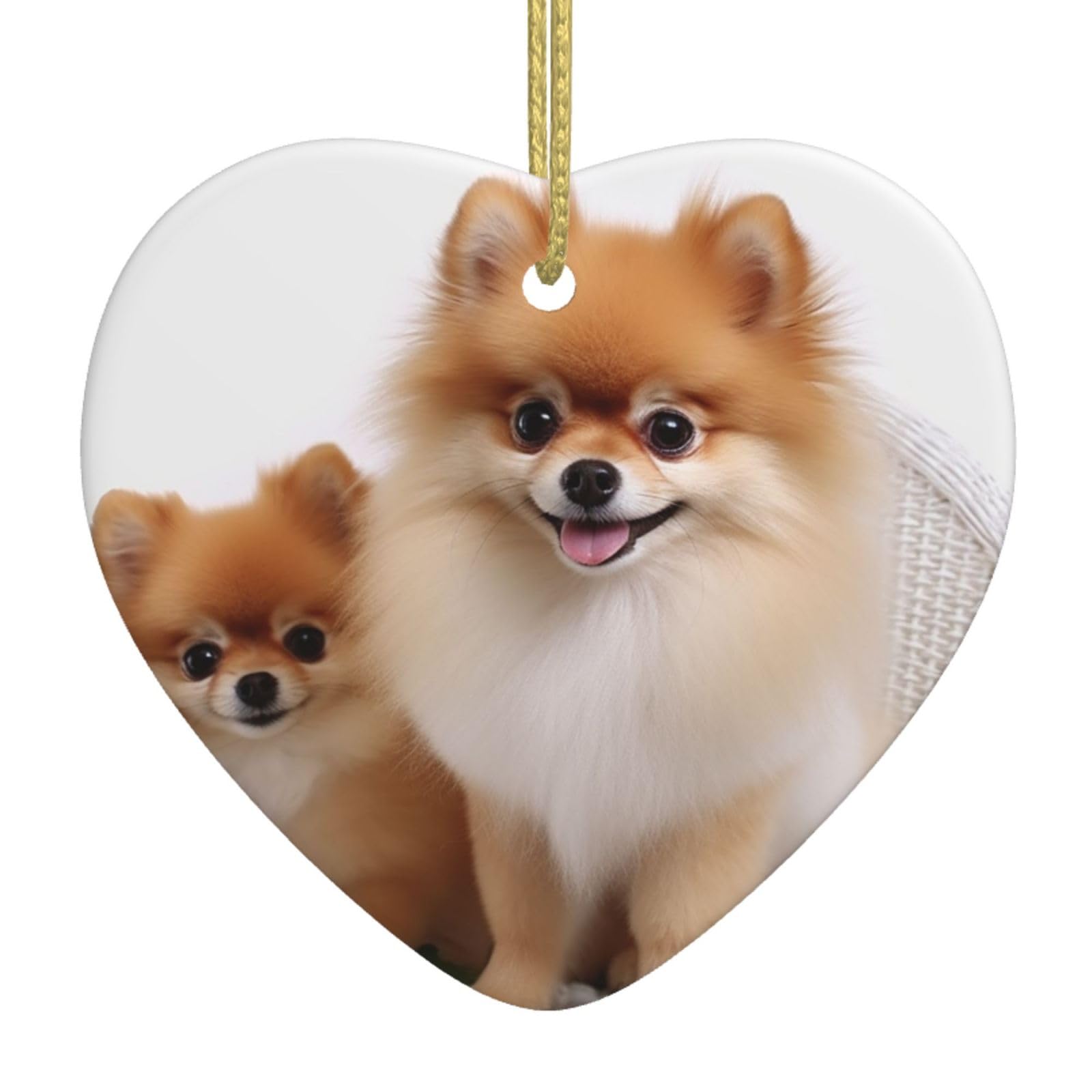 Ceramic Christmas Tree Hanging Ornaments with Gold Ropes Christmas Tree Decorations Heart Ceramic Cute Pomeranian Pendant Keepsake Decorations for Holiday Xmas Gift Ideas