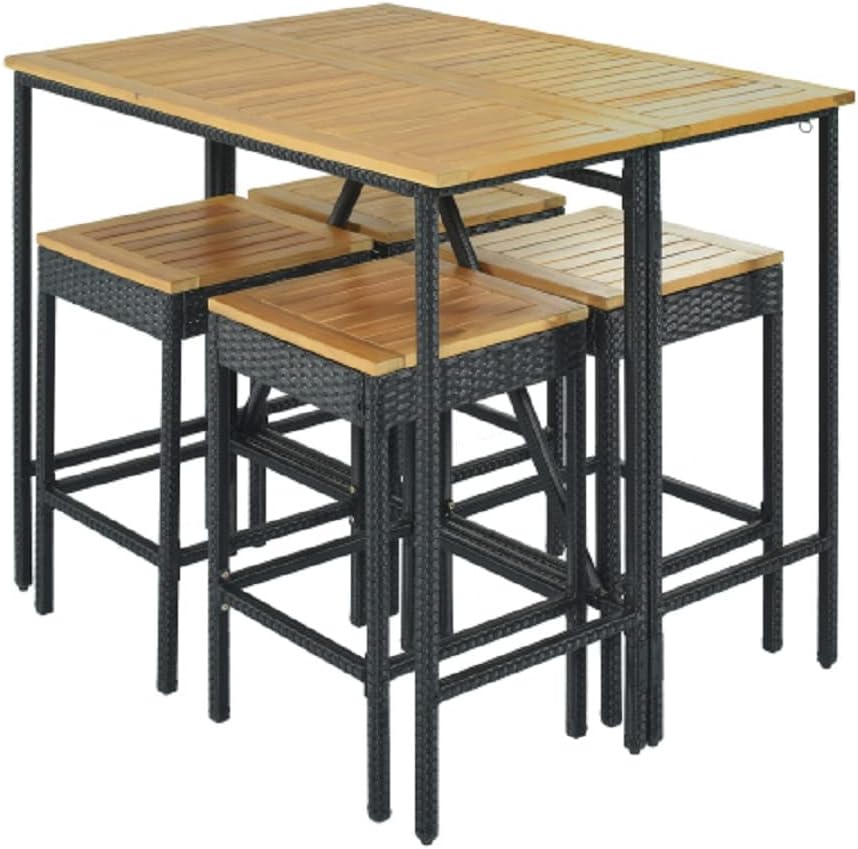 PE Rattan Wicker Dining Table with an Acacia Wood Tabletop 5-Piece Garden Wicker Bar Set
