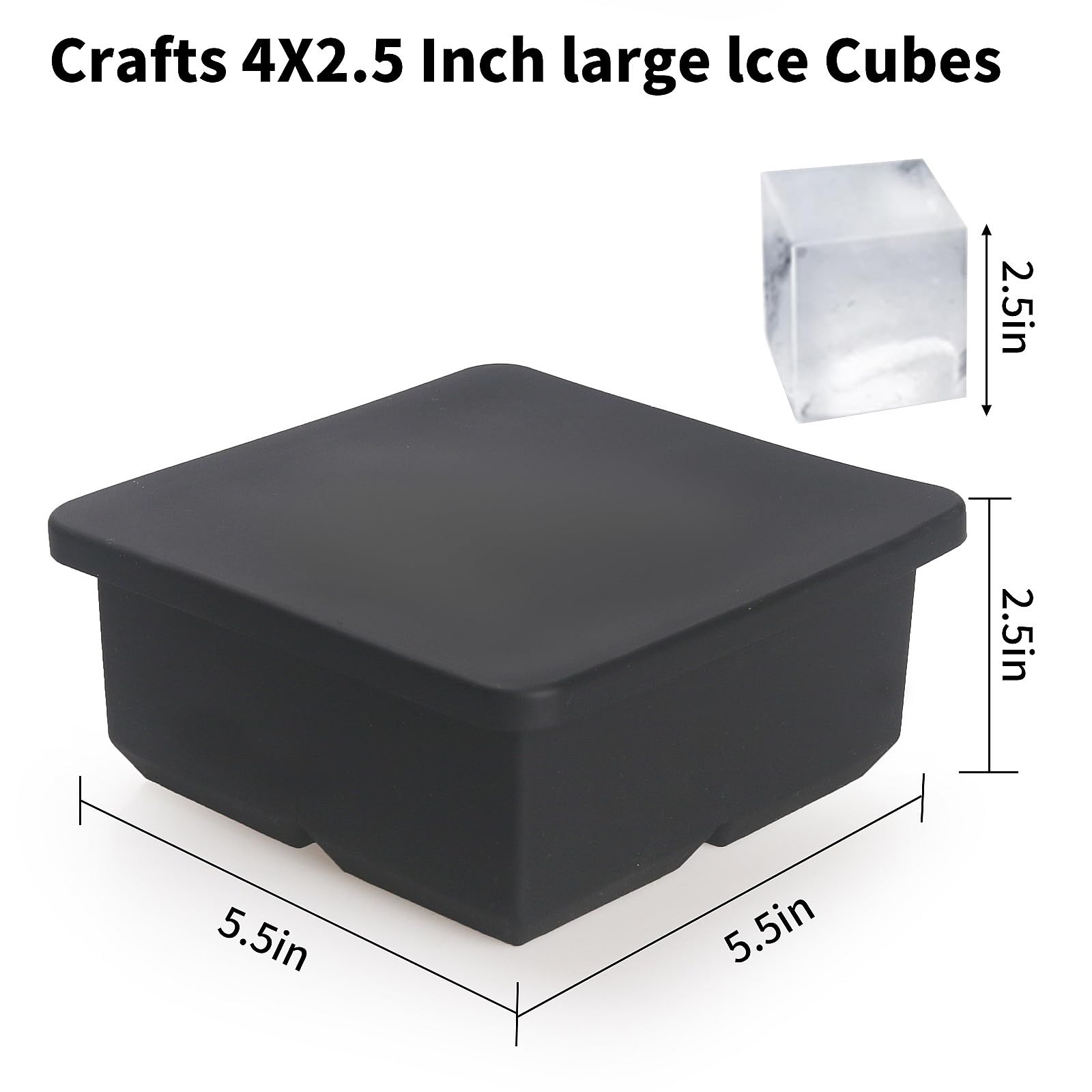 Große Eiswürfelformen für Whiskey: BECOKIT große Silikon-Eiswürfelformen – 6,3 cm quadratische Eiswürfelform für Bourbon-Whisky und Cocktail, 4 Stück, riesige Silikon-Eiswürfelform (schwarz, 4