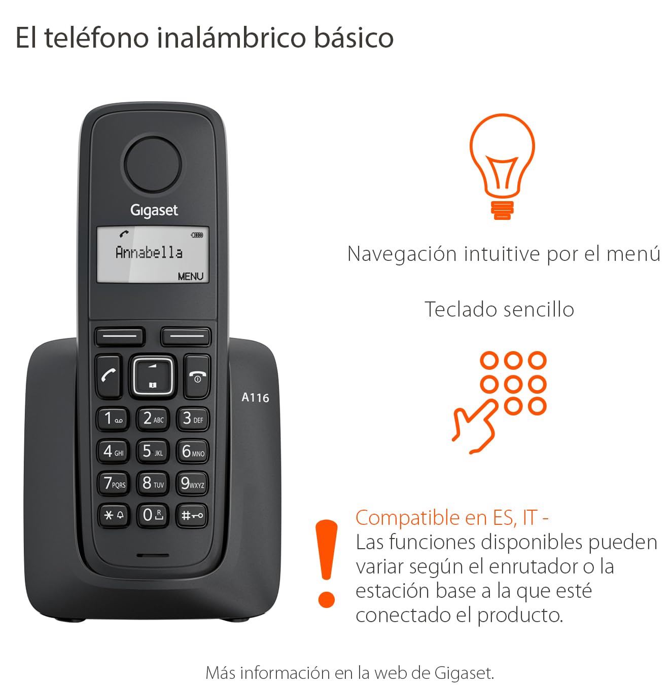 Gigaset A116 - Teléfono DECT Inalámbrico - Pantalla Gráfica Iluminada - Pantalla gráfica de 1,4" - Fácil de Usar, Negro [Compatible en ES y IT] — view 2