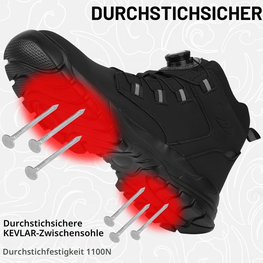 Sicherheitsschuhe Herren Damen, Wasserdicht Stahlkappe Arbeitsschuhe mit Drehknopf, Schnittschutzstiefel, rutschfeste Leicht Knöchelhoch Leder Sicherheitsschuhe Größe 40-46