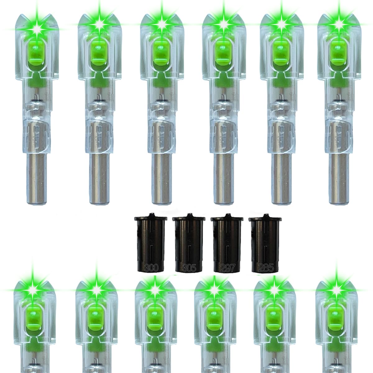 LightingU 12pcs Bolts Lighted Nocks with .285 .297 .300 .305 Bushings, High-Visibility LED Crossbow Accessories for Hunting On/Off Switch (Green)
