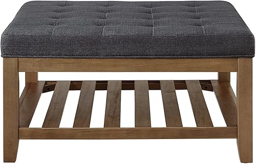 Miniatura 2 de 24KF - Mesa de café cuadrada, grande y copetuda estilo otomana, tapizada en lino con botones capitoné banco reposapiés grande con estante de madera