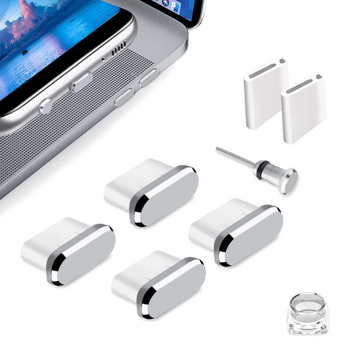 Fanoshon 4 Pack USB C Port Plugs Anti Dust Covers Type C Charging Port Protector Silver, Anti Lost USB C Phone Charms Dustproof Caps Compatible with Samsung S23 S22 MacBook