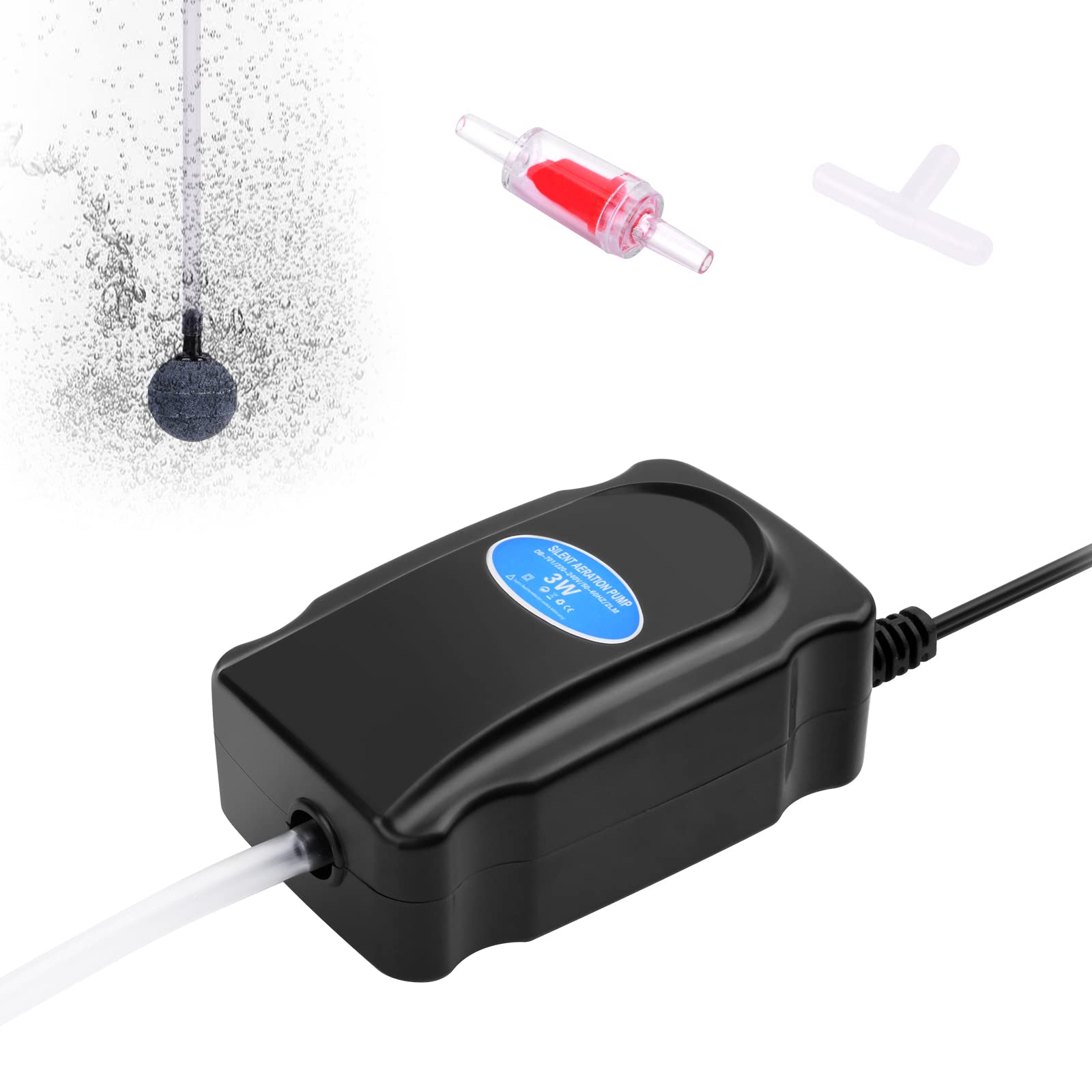 Flintronic Ossigenatore per Acquario, 3W Pompa Ad Aria per Acquario Regolabile Ultra-silenziosa, con 1.5M Tubo in Silicone, Air Stone, Valvola Di Ritegno e Raccordo a T, per Ac-quario da 5-300L