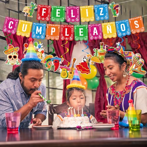 Image of Rakuto Mexican Birthday Party Decorations - 10PCS Mexican Party Decorations Feliz Cumpleanos Banner Hanging Swirls Decoration Fiesta Themed Dia De Los Muertos Cinco De Mayo Birthday Decor Supplies