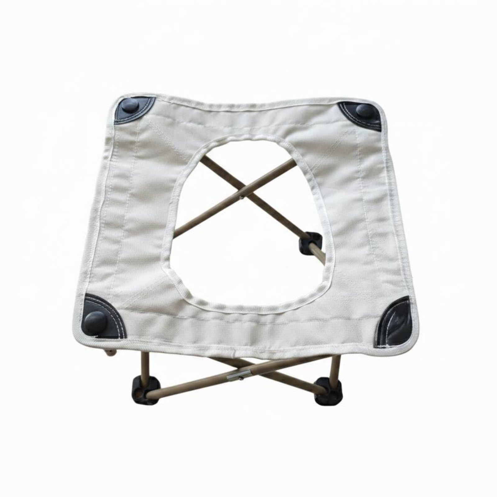 OJIVA® Textile Seat Folding Stool Central Opening Cross-Frame Stool Black Accents Space-Saving, Beige-image-13