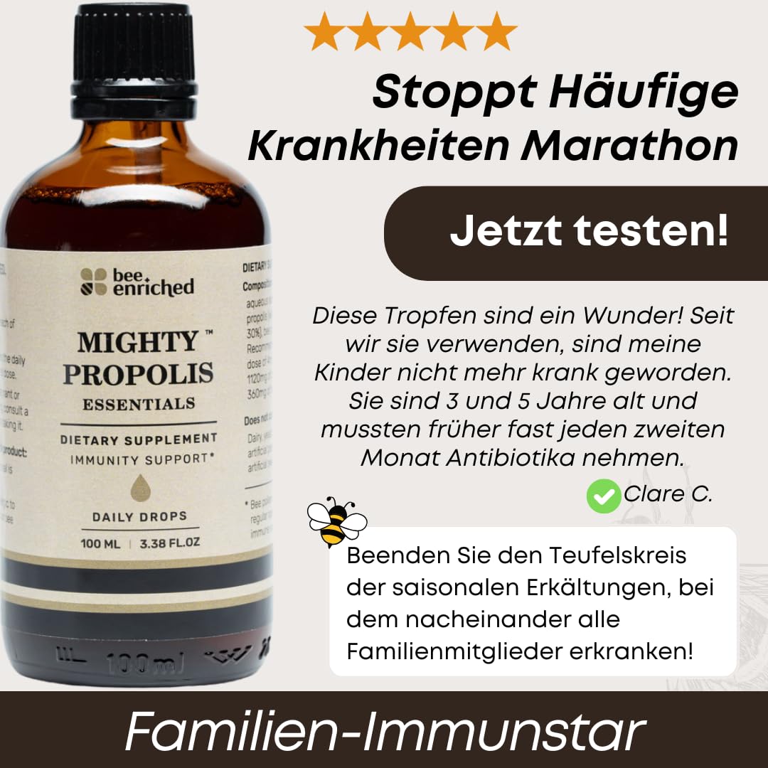 Propolis Tropfen ohne Alkohol 39% 1480 mg - Mighty Propolis Essentials 100 ml mit Bienen Pollen Hochdosiert - Natürliche Unterstützung bei Erkältungen auch für Kinder von Bee Enriched | Tinktur