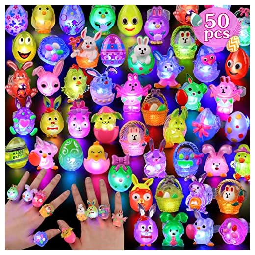 50Pcs Easter Egg Fillers 3D Light Up Rings Easter Egg Stuffers Bulk LED Flashing Rings Finger Light Toys Non Candy Easter Basket Stuffers Easter Gifts for Teens Boys Girls Kid Toys for Easter Eggs