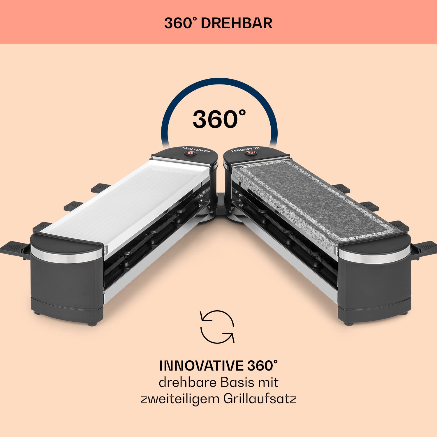 Verwöhne Dich mit Zartschmelzendem, Köstlichem Käse, Klarstein Raclette-Tischgrill mit 2 Grillflächen, 8 Pfännchen und Schaber, 1200 W Raclette-Grill