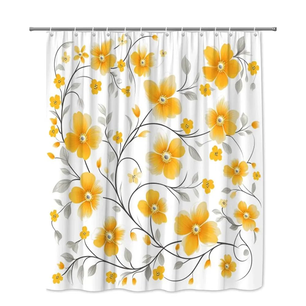 Rideau de douche fleurs jaunes en textile imperméable haut de gamme style minimaliste