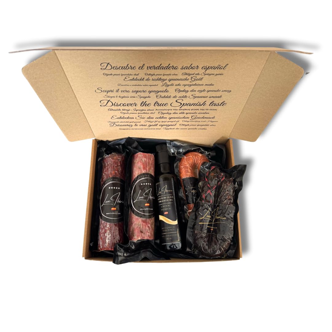 Caja Regalo Gourmet "Regina" - Embutido Ibérico, Morcilla y Aceite | Chorizo y salchichón ibérico de 500g, morcilla patatera, achorizada picante y aceite de oliva virgen extra.