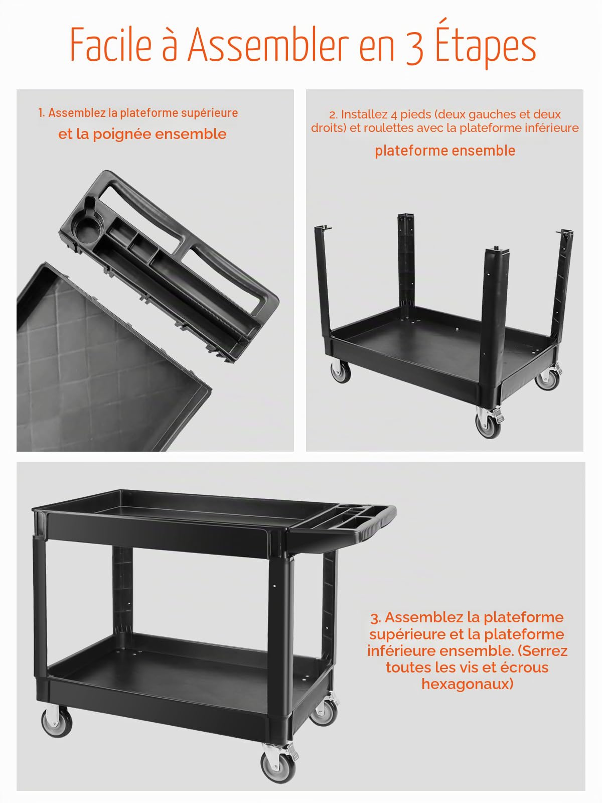 Kalolary – Chariot utilitaire robuste à roulettes à 2 niveaux, grand chariot de service multifonction avec poignée – Organiseur de rangement – Outil mobile pour entrepôt – 250 kg