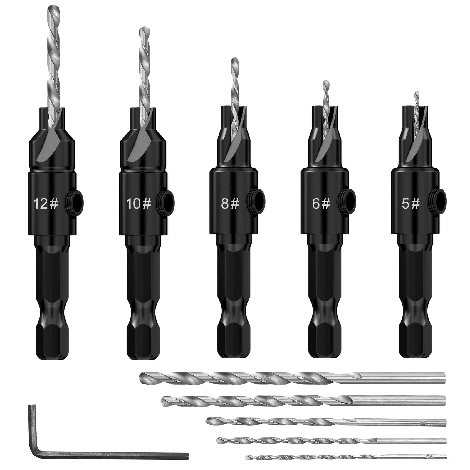 5 Piezas Brocas para Madera, Avellanador Madera con 5 Brocas de Repuesto y 1 Llave Hexagonal, Broca Avellanadora Madera, Brocas Avellanar, Broca con Avellanador Madera para Taladrar(Negro)
