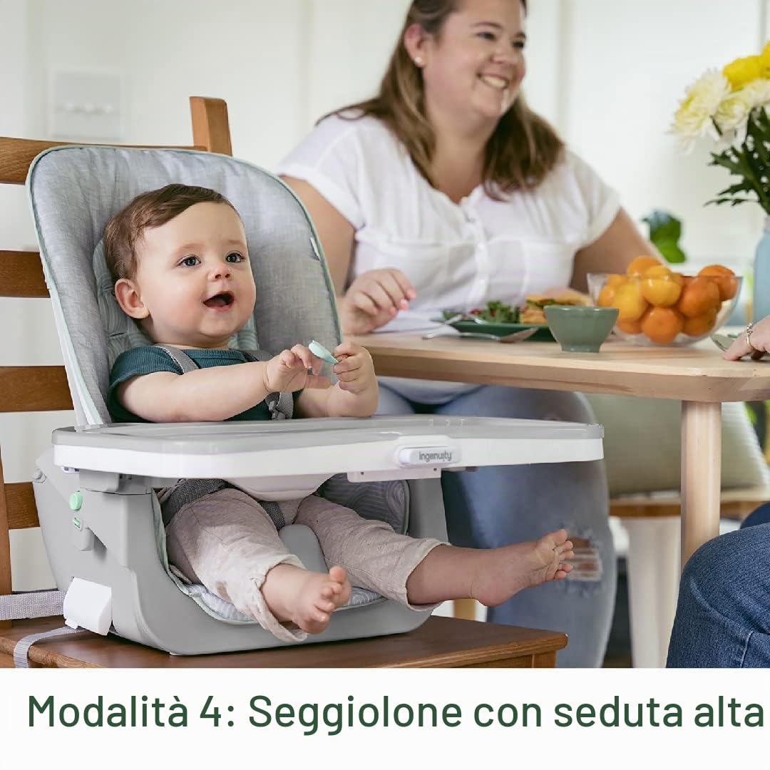 Ingenuity, seggiolone evolutivo Beanstalk 6-in-1, seggiolone alimentazione con vassoio rimovibile e seggiolino di rialzo per bambini con vibrazioni rilassanti e arco di gioco, 0-5 anni, Ray
