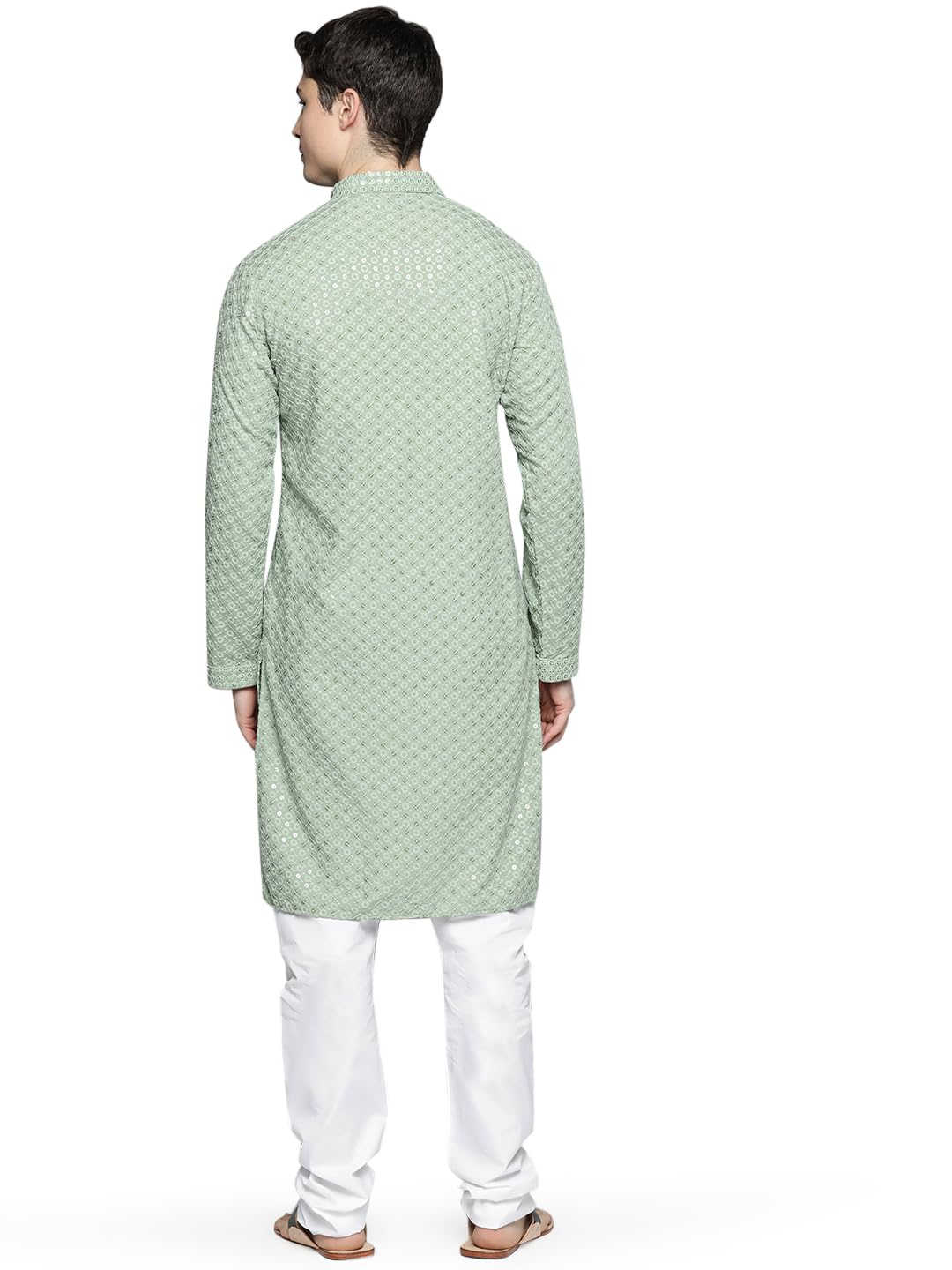 Jompers Men's Chikankari Embroidered And Sequence Kurta With Churidar (Pista, Xxl)