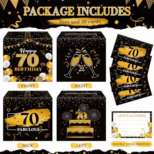 Image of Funrous 70th Birthday Party Message Card Box Cheers to 70 Years Black Gold Advice and Wishes Greeting Card Box for Men Women Birthday Decorations Party Supplies Anniversary Tables Sign Decor