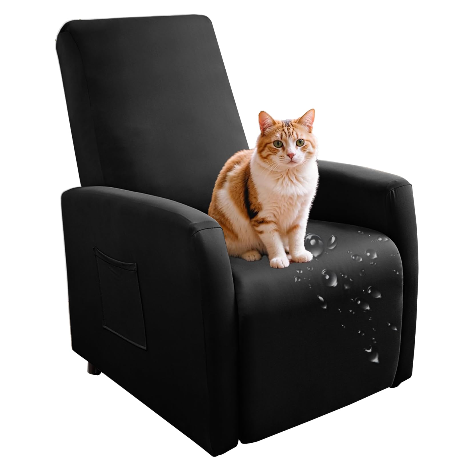 Générique Housse de Fauteuil Relax Imperméable Extensible, 4 pièces Couleur Unie Housse de Canapé Antidérapante avec Poche Latérale, Protege de Meubles Lavable pour Fauteuil Inclinable-Black