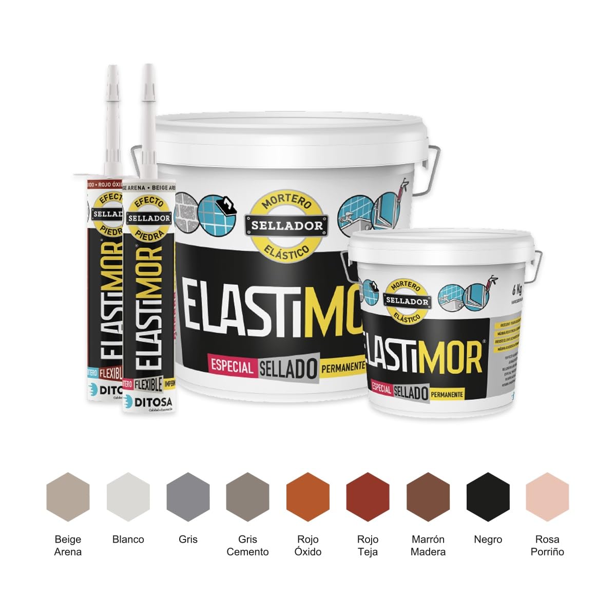 ELASTIMOR Mortero Sellador, Cemento Express, Impermeable, para encintados, llagueados, sellados, rejunteados, reparaciones, Cubo 6 Kg