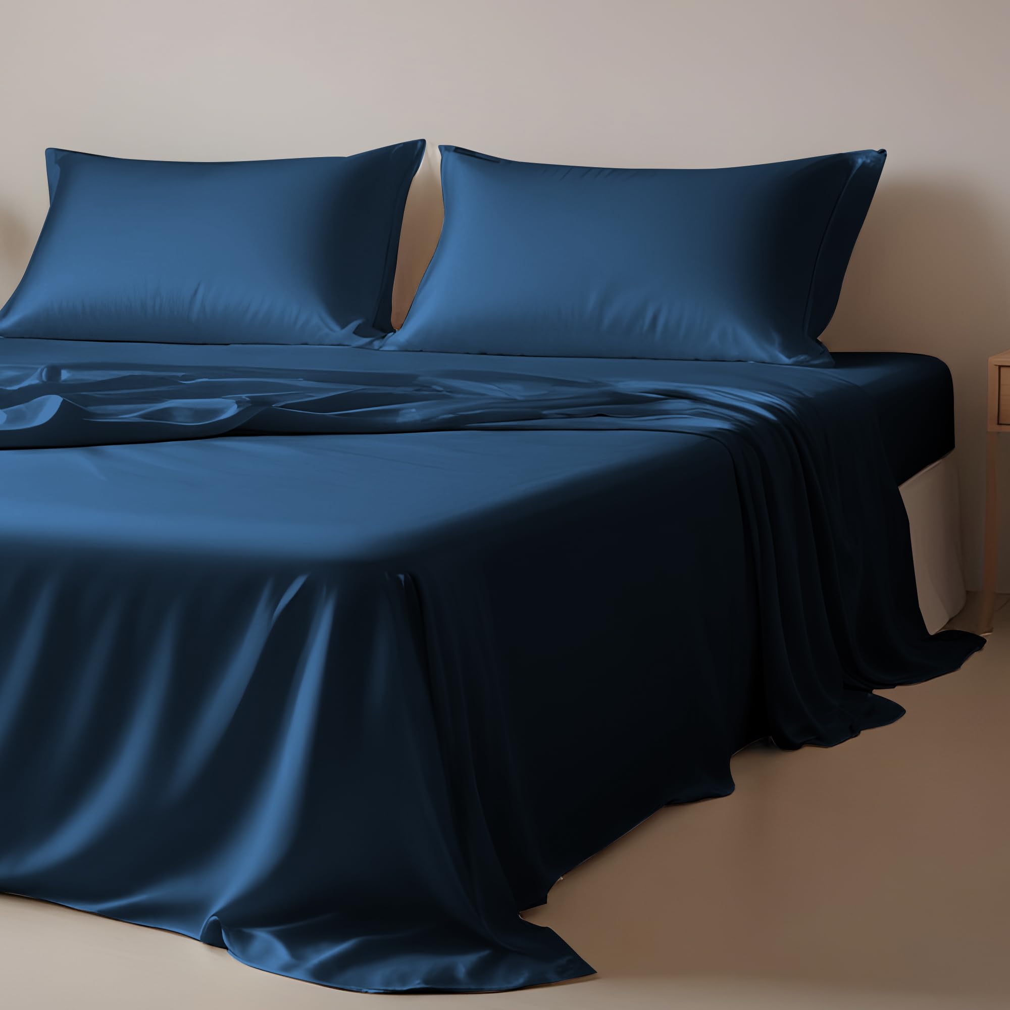 Juego de sábanas 100% Eucalyptus Tencel de LINENWALAS, ropa de cama de lyocell refrescante, transpirable natural, antialérgica, juego de 4 piezas (azul marino, doble)