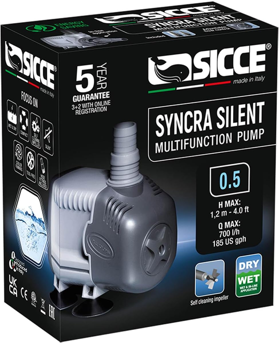 SICCE Syncra Silent 0.5 Multifunction 185 GPH Submersible Water Pump | Italian Made 8W Ultra Quiet Durable for Aquarium Fish Tank, Fountain, Pond, Hydroponics, Terrarium Black | Freshwater & Saltwater
