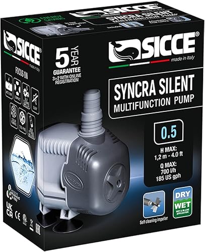 SICCE Syncra Silent 0.5 Multifunción 185 GPH Bomba de agua sumergible  Hecho en Italia 8W ultra silencioso duradero para acuario pecera, fuente,