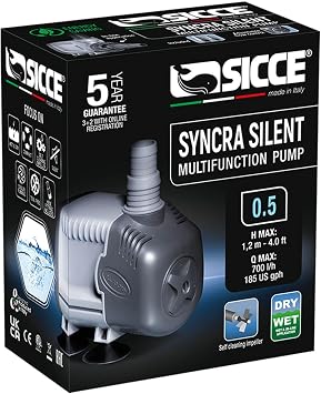 SICCE Syncra Silent 0.5 مضخة مياه غاطسة متعددة الوظائف 185 GPH | إيطالي مصنوع 8W فائق الهدوء متين لخزان أسماك الحوض ، نافورة ، بركة ، هيدروبونيك ، تيراريوم بلاك | المياه العذبة والمياه المالحة