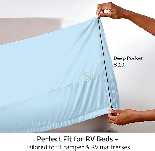 Miniatura 4 de Juego de sábanas de microfibra para caravanas, 70 x 80 pulgadas, tamaño King, color azul claro, lisas, sábanas para caravanas, remolques de viaje y