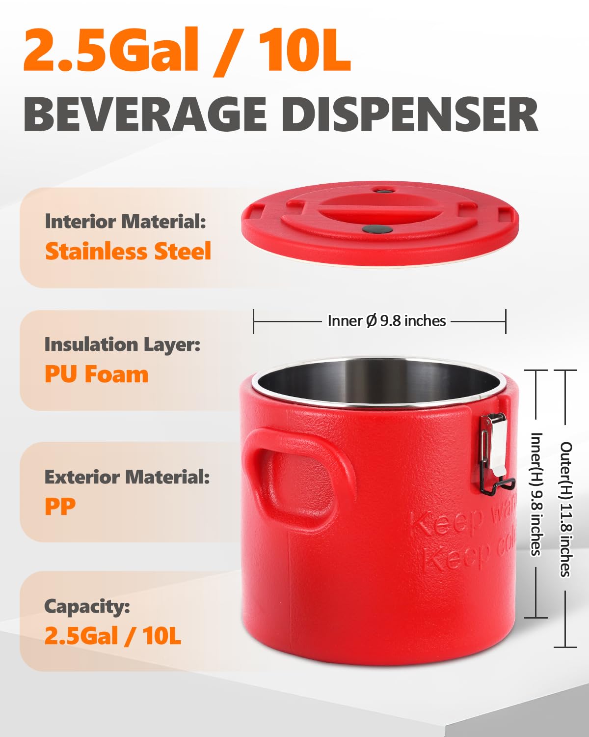 YUCHENGTECH Contenedor Isotérmico Acero Inoxidable 10L | Recipiente Isotérmico para Alimentos Transportador de Alimentos Calientes/Fríos con Tapa y Asa