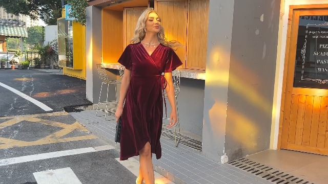 R.Vivimos Womens Velvet Pleated Wrap Tie Waist Elegant Flowy Party