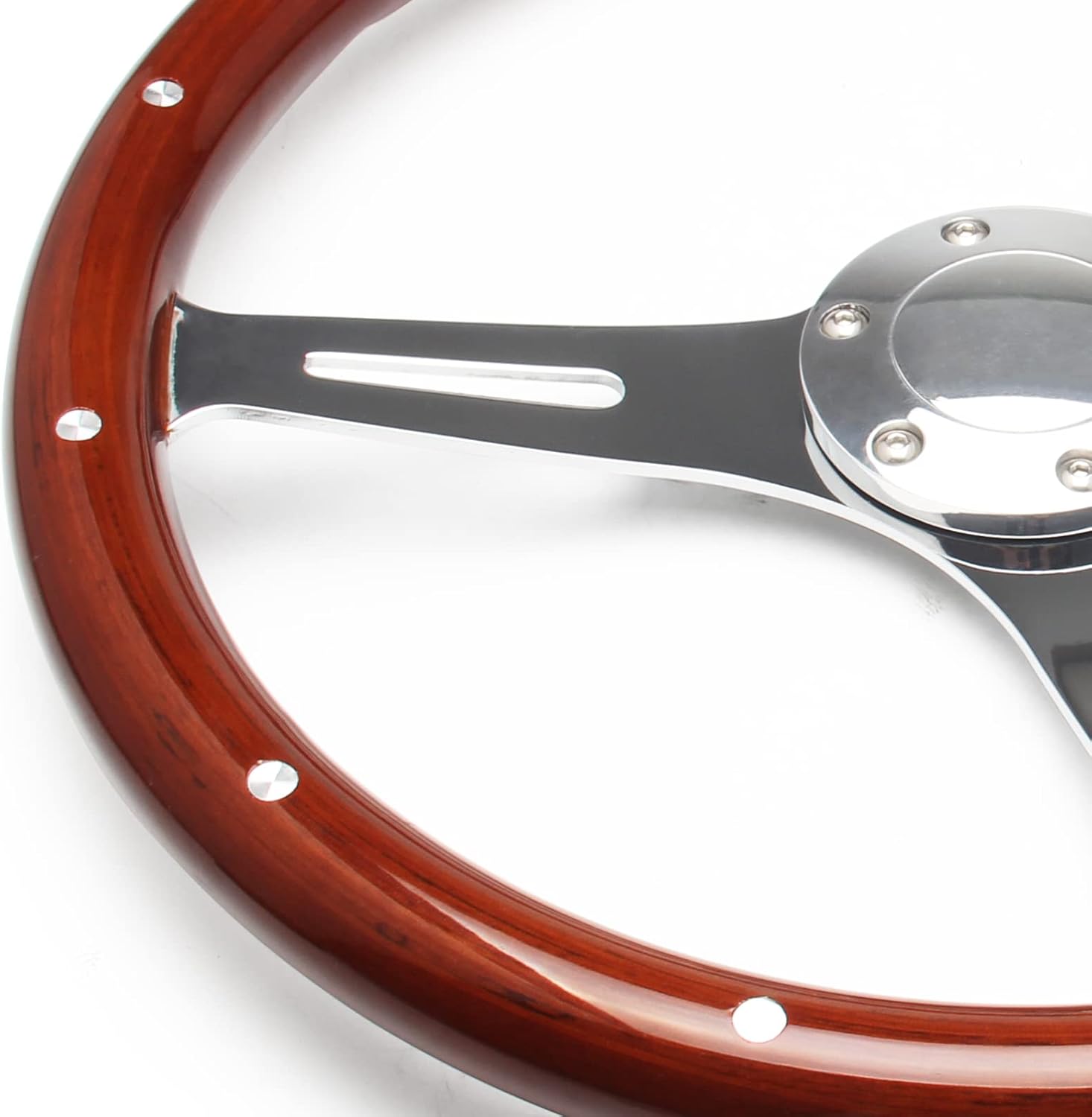 15" Classic Wood Grain Steering Wheel Riveted Light Wood Grip Universal Automotive Steering Wheels Slotted 3 Spoke with Horn Button