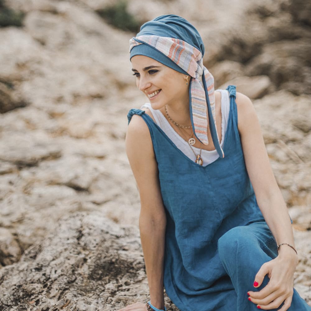 CAREBELL pañuelo oncológico modelo Smooth – diseño Mediterráneo Acero en bambú suave y transpirable, especial para quimioterapia, alopecia y pieles sensibles, hecho a mano en España