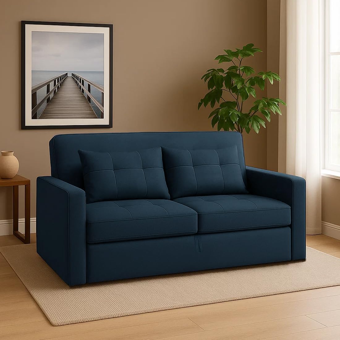 CASASTYLE Trissa 2 Seater Pull-Out Premium Fabric Sofa Cum Bed Sofa Set for Living Room (Teal Fabric Color)-image-16