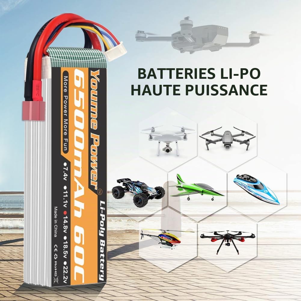 Youme Batterie LiPo 4S 14.8V 6500mAh 60C Prise T pour RC Voiture Camion 2pc