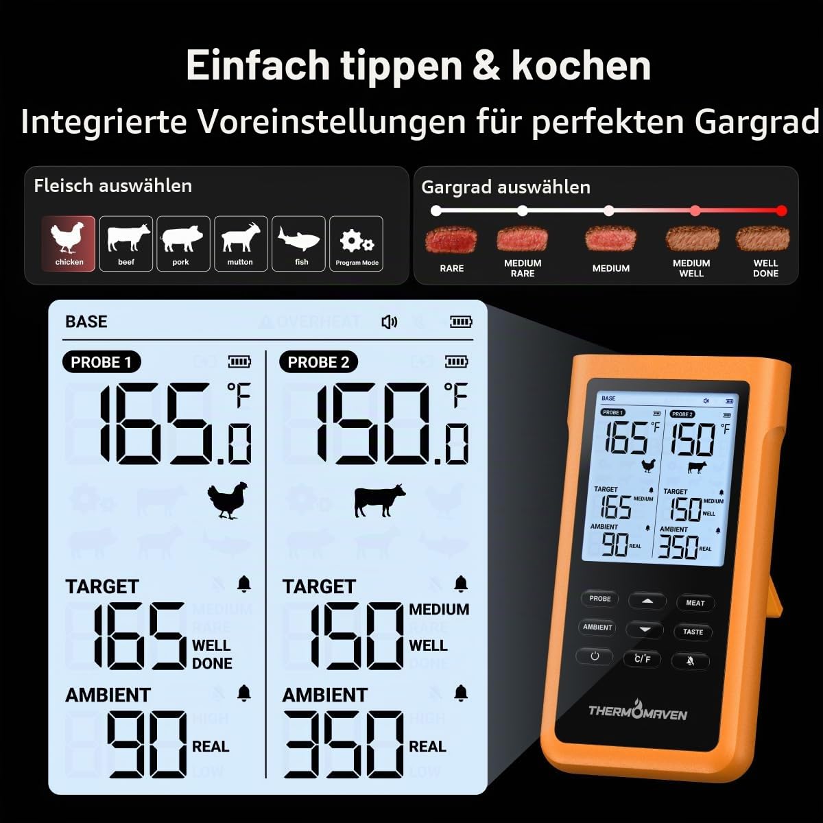 ThermoMaven 3000FT Smart Wireless Fleischthermometer, Sub-1G Langstrecke, 6 Sensoren (NIST genau), 2 dünne Sonden, Basisstation mit LCD, für Grill, BBQ, Ofen, Räucherofen (Orange)