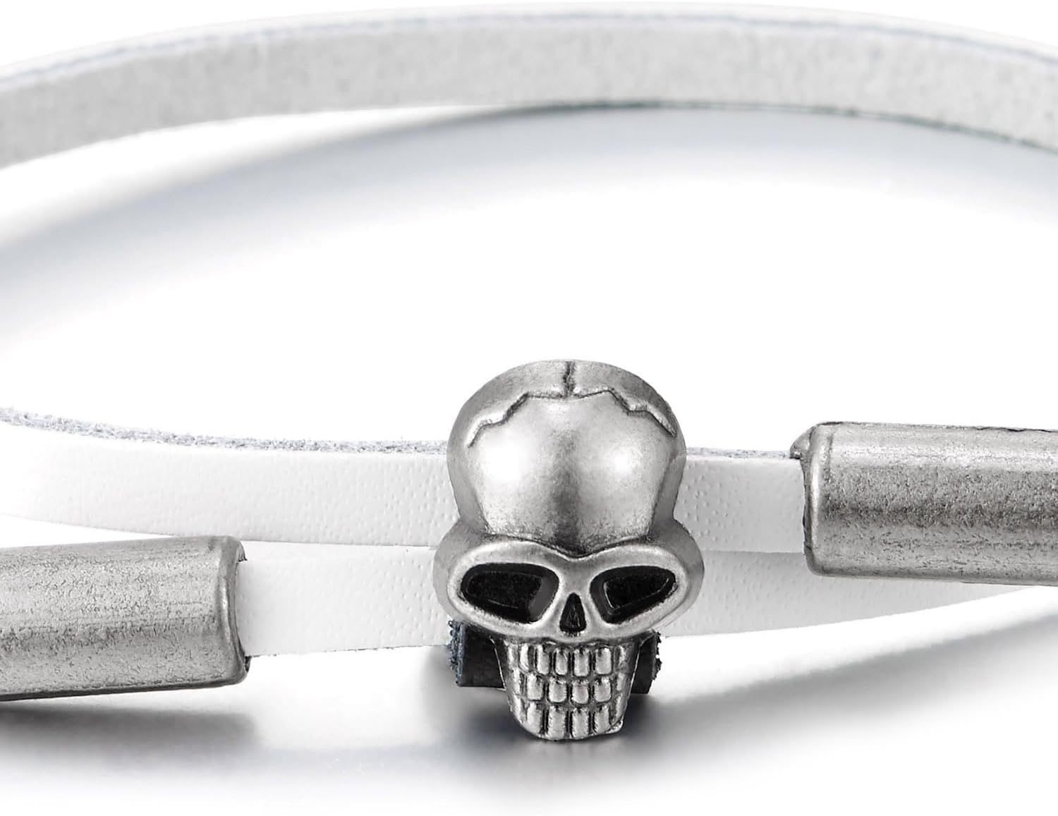 COOLSTEELANDBEYOND Mens Womens Skull Leather Bracelet, White Leather Wristband Wrap Band, Adjustable, Gothic Punk - Image 3