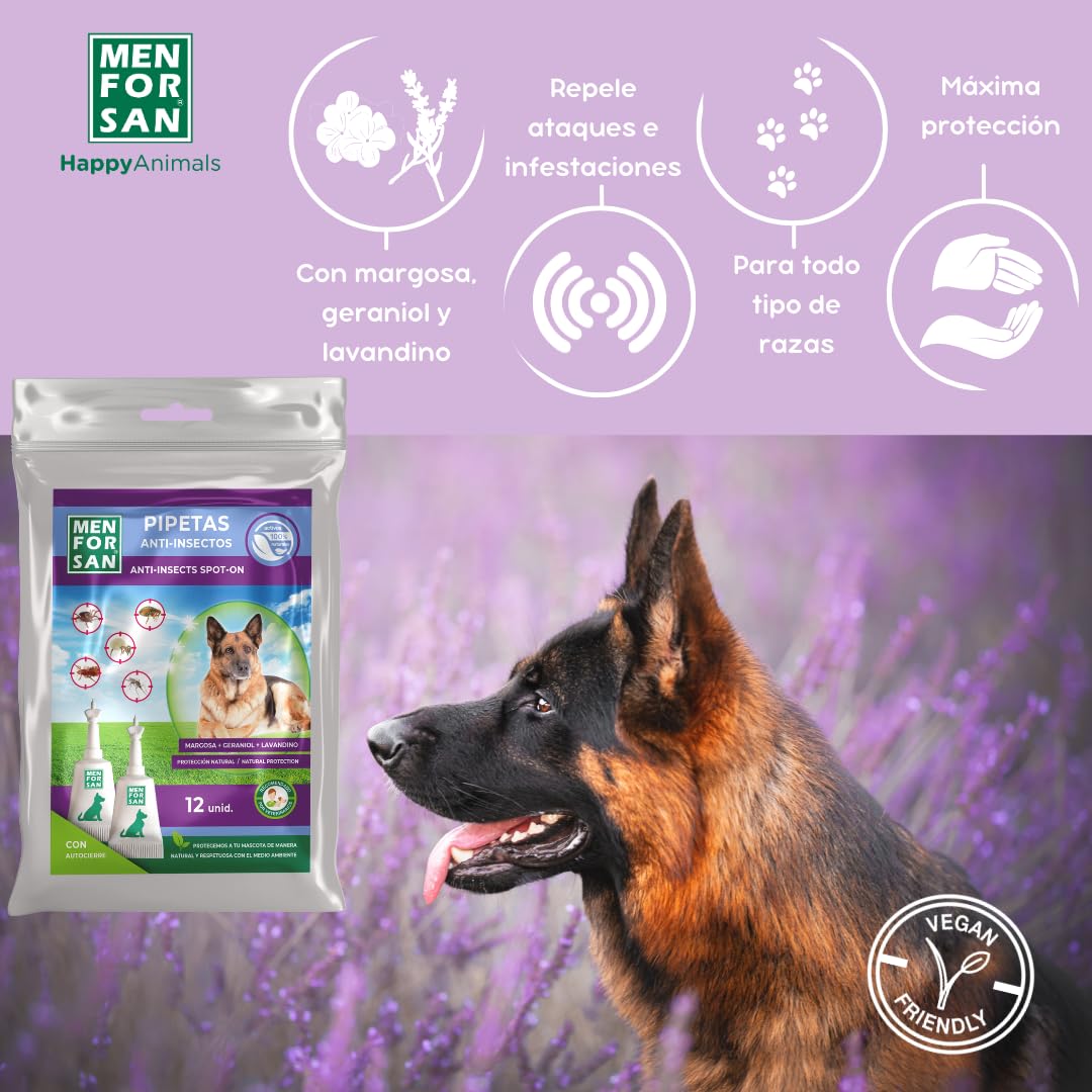 MENFORSAN Pack con 12 pipetas Anti-Insectos para Perros, con Margosa, geraniol y lavandino, con Bolsa autocierre