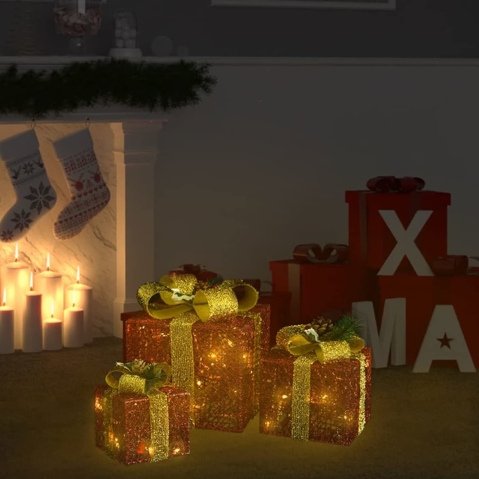 Scatole Regalo Decorative Natale 3pz Rosse da Esterno Interni,Decorative Natale Decorazioni Natalizie Illuminazione Addobbi-329767