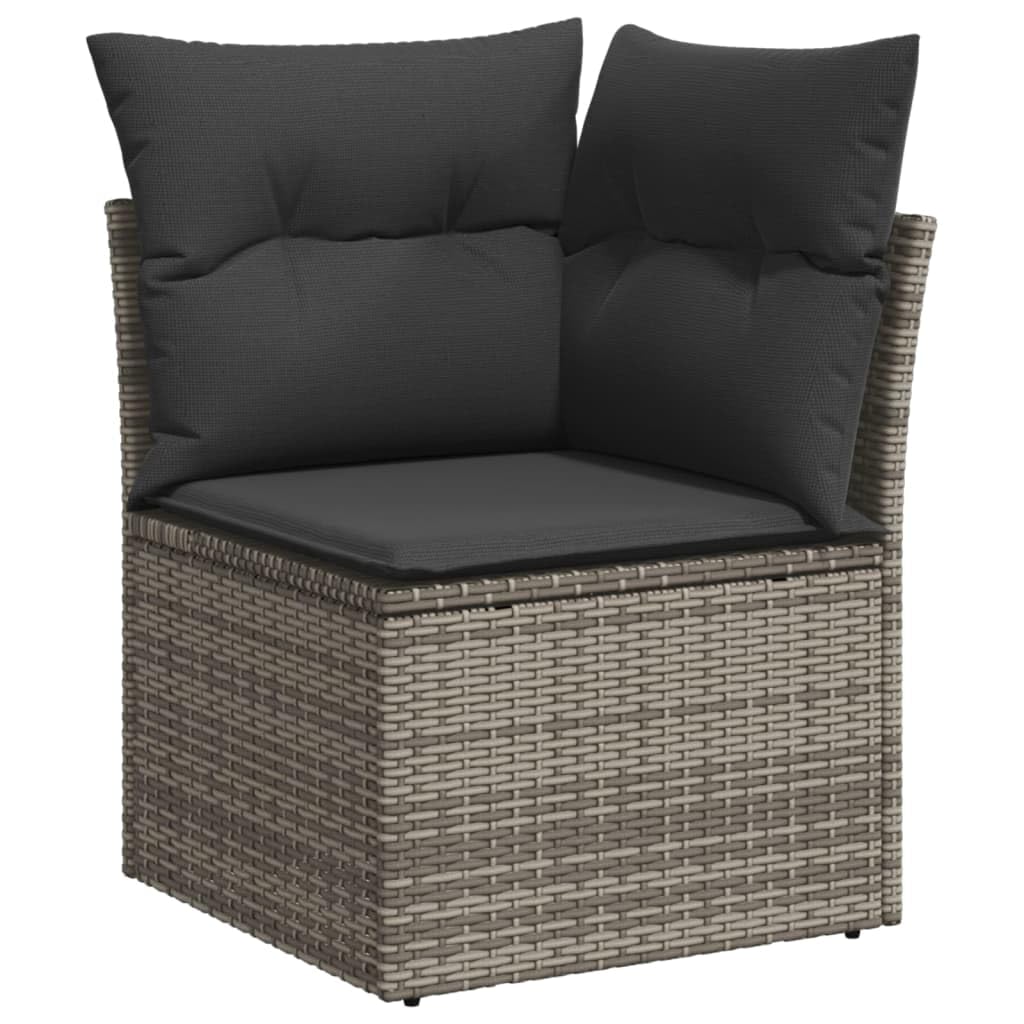 Set da 14 pezzi in polyrattan grigio con cuscini, divano da giardino modulare con ripiani pieghevoli e tavolo in legno di acacia, rivestimenti sfoderabili e lavabili