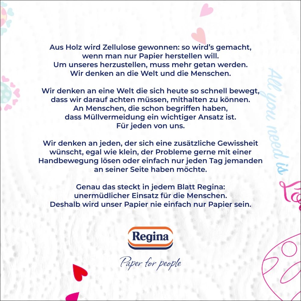 Regina mit Herzen Haushaltstücher - 32 Rollen-Packung (8 x 4 Einzelpackungen), 43 Blatt 3-Lagig, Super Saugfähig, Dick, Beständig, FSC Papier | 8x4 Einzelpackungen, 43 Blatt, 10 Motive sind von der Liebe inspiriert, Super Saugfähig, Dick, Beständig, FSC P